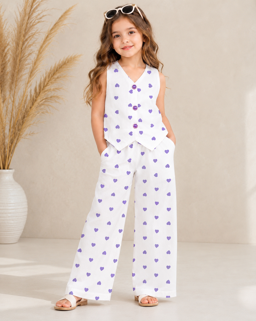 Girl's Chiffon Printed Purple Heart Waist Coat Co-Ord Set [GCS-5640] (4-12 Years)