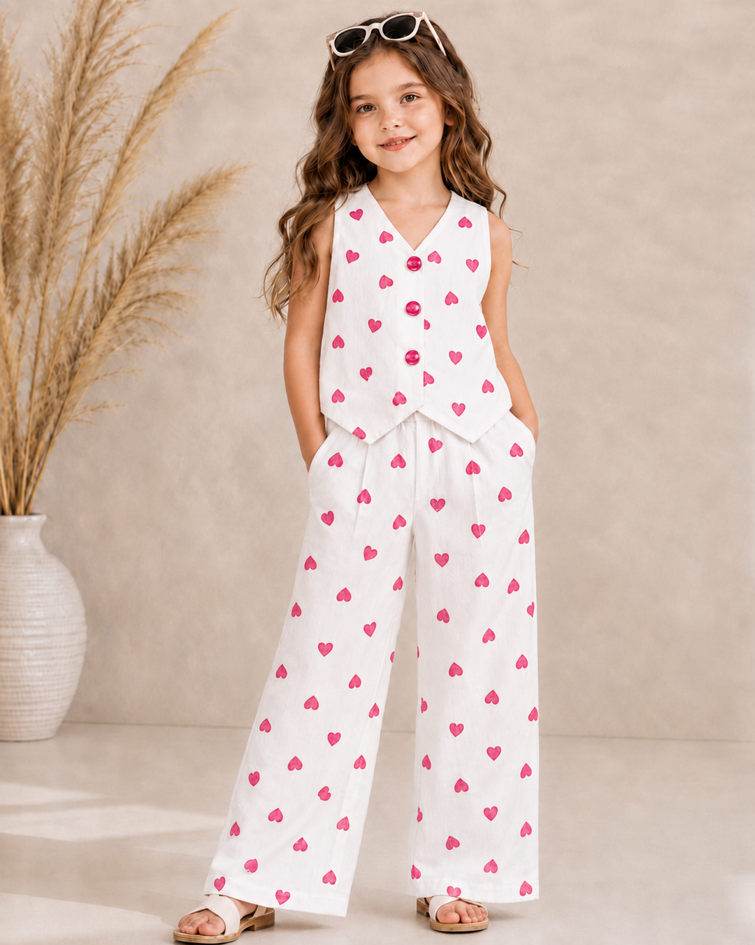 Girl's Chiffon Printed Hot Pink Heart Waist Coat Co-Ord Set [GCS-3144] (4-12 Years)