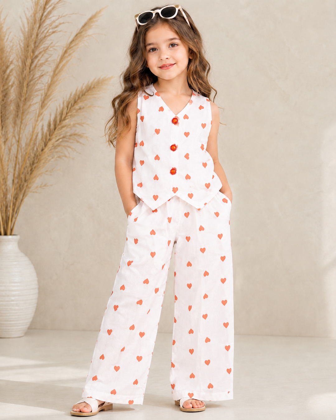 Girl's Chiffon Printed Orange Heart Co-Ord Set [GCS-2100] (4-12 Years)