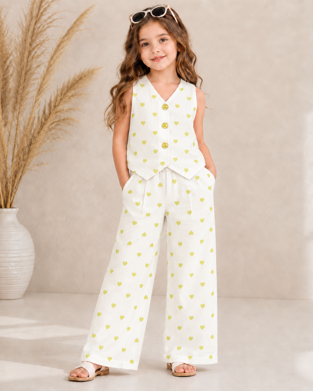 Girl's Chiffon Printed Neon Green Heart Waist Coat Co-Ord Set [GCS-6232] (4-12 Years)