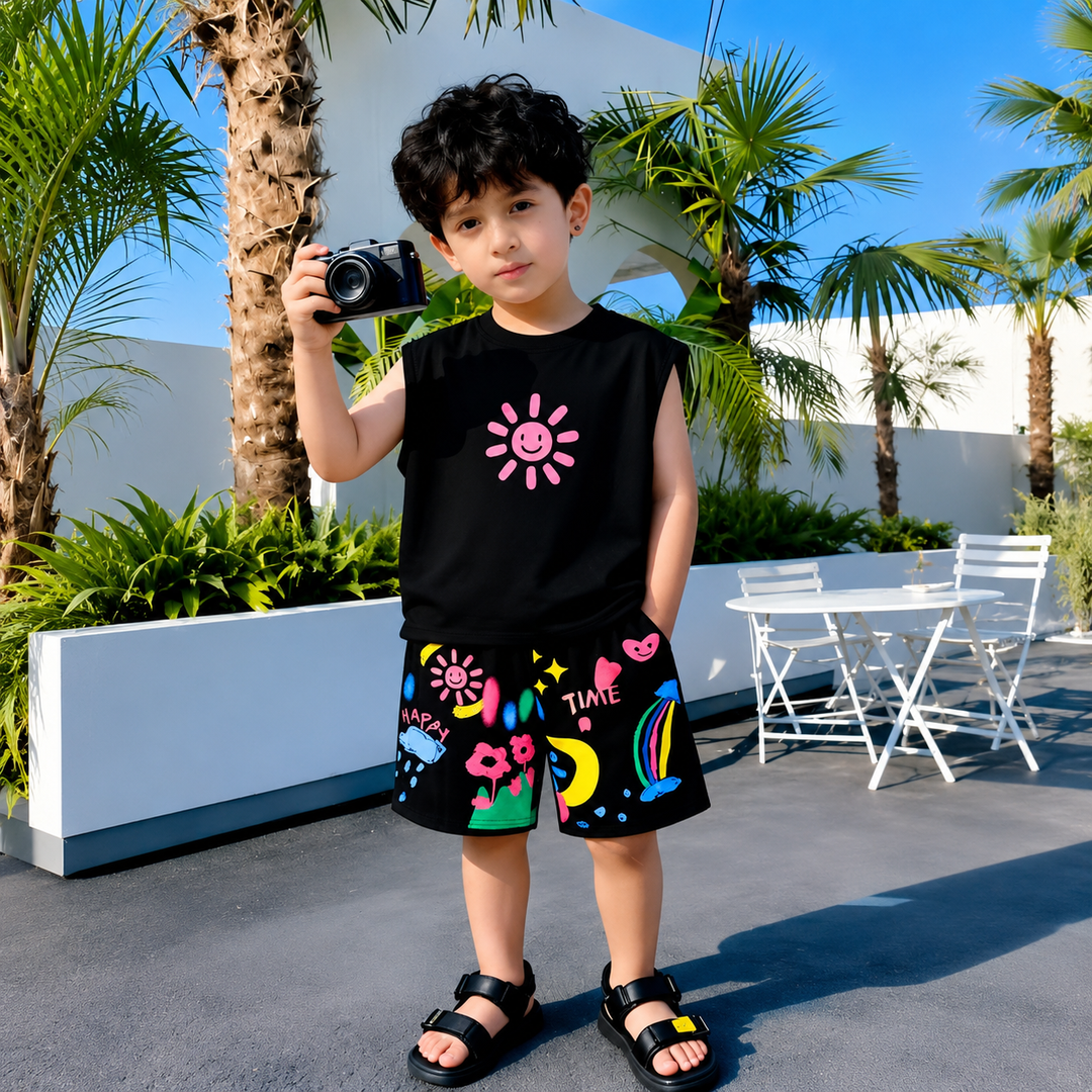 Boys Printed Black Cord Set [BT -4110] [2-7 Years]