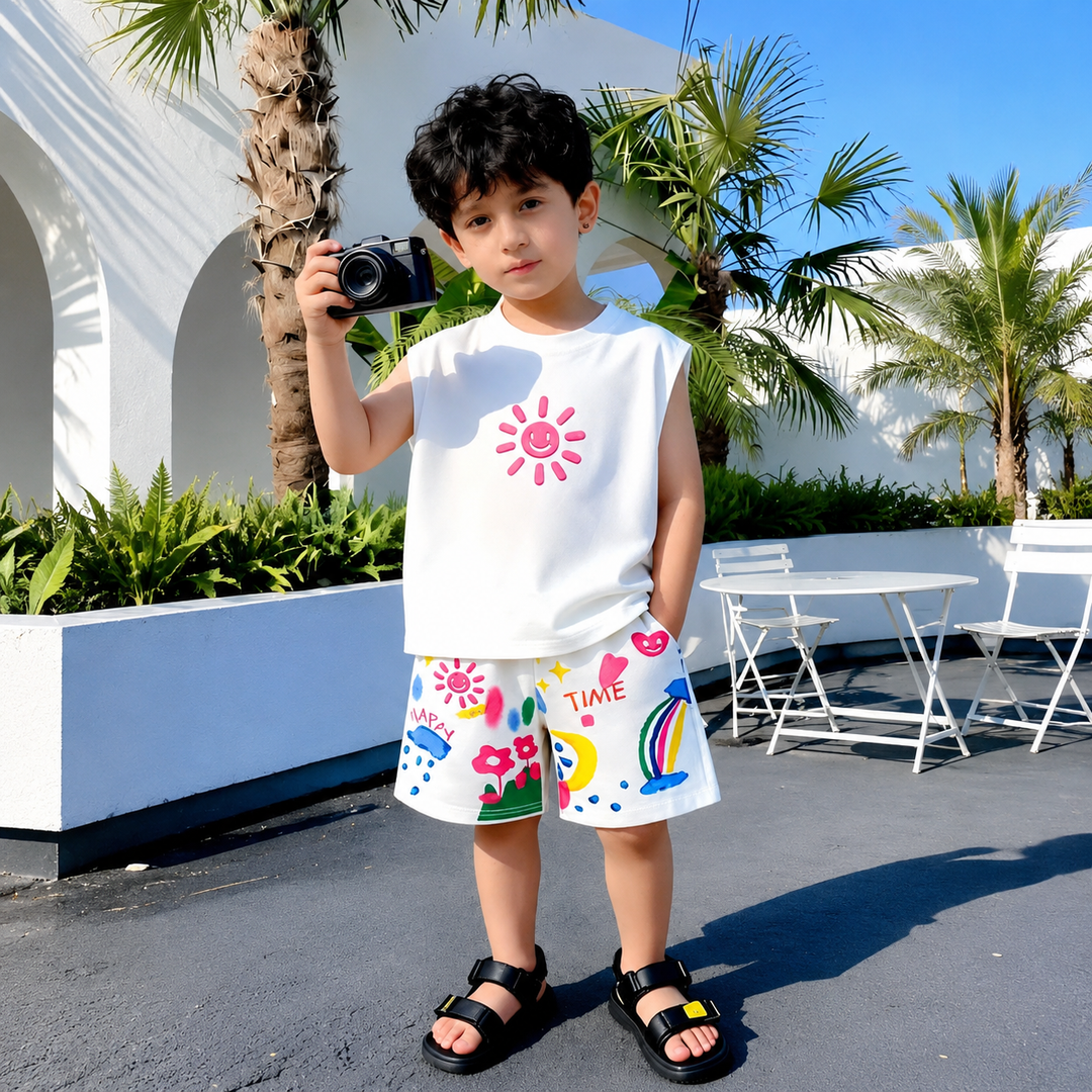 Boys Printed White Cord Set [BT -1411] [2-7 Years]