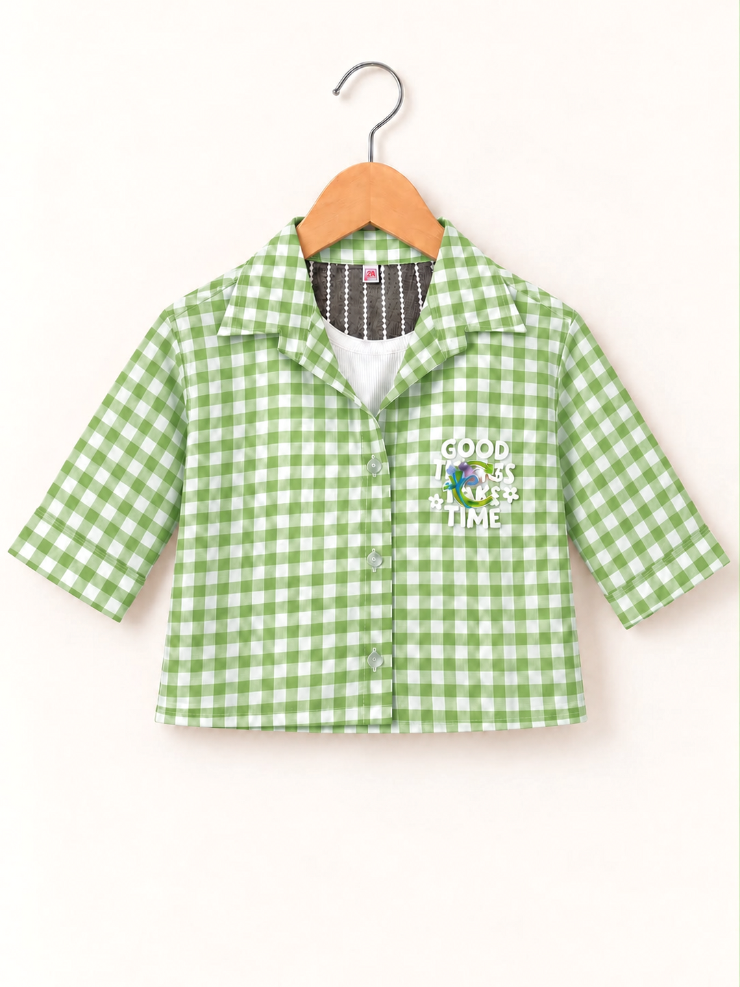 Girl’s Green Checkered Lace Shirt  [GT-4K-2416] [4-12 Year]