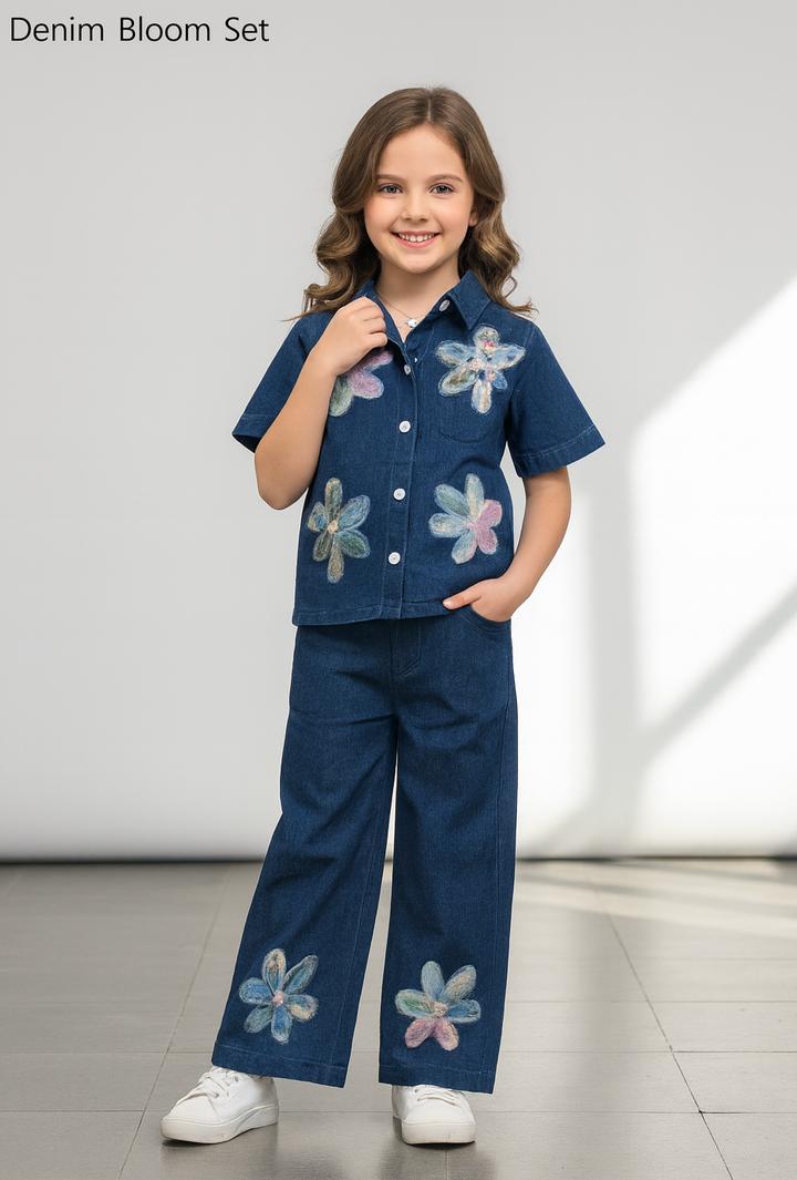 Girl's Denim Dark Blue Bloom Co-Ord Set [GCS-6736] (4-12 Years)