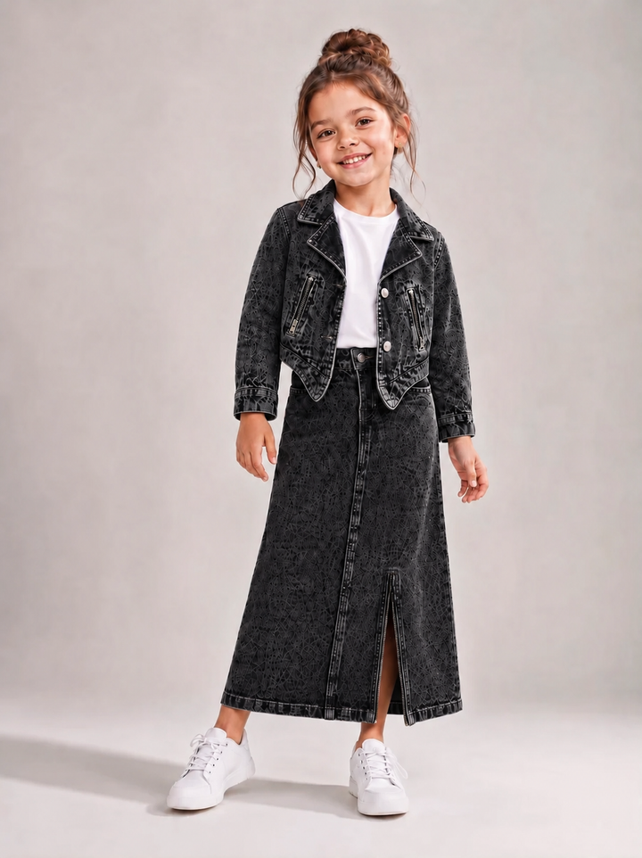 Girl's 3 Piece Black Denim Co-Ord Set Set [GCS-4J-8975] (4-12Years)