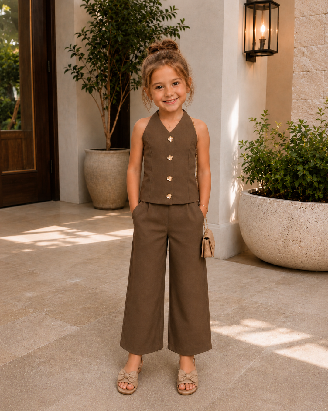 Girls Imported Brown Waist Coat Co-Ord Set [GCS-3J-4596] (4-12Years)