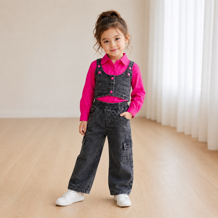 Girl's 3 Piece Hot Pink Denim Co-Ord Set [GCS-3J-6144] (4-12 Years)