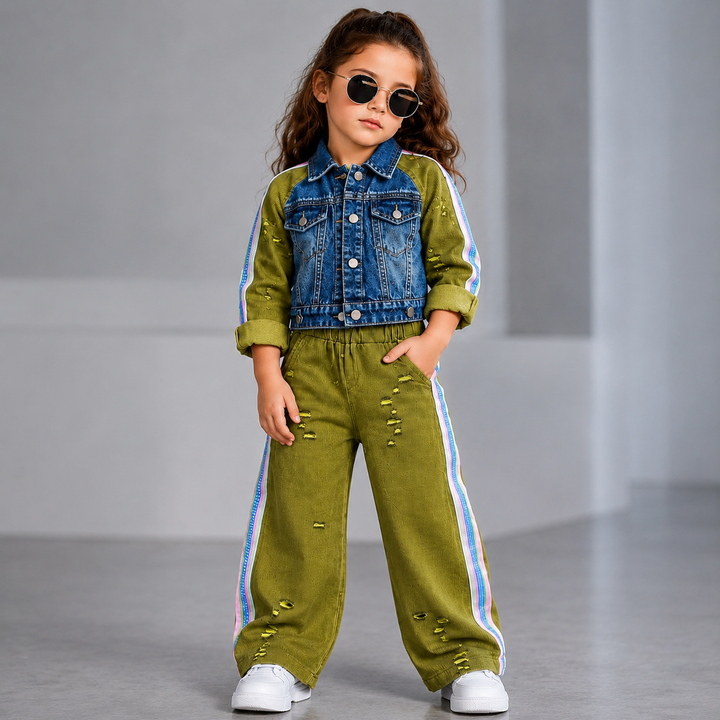 Girl's Mehandi Green Street Chic Denim Co-ord Set [GCS-5C-1546](9M-13 Years)