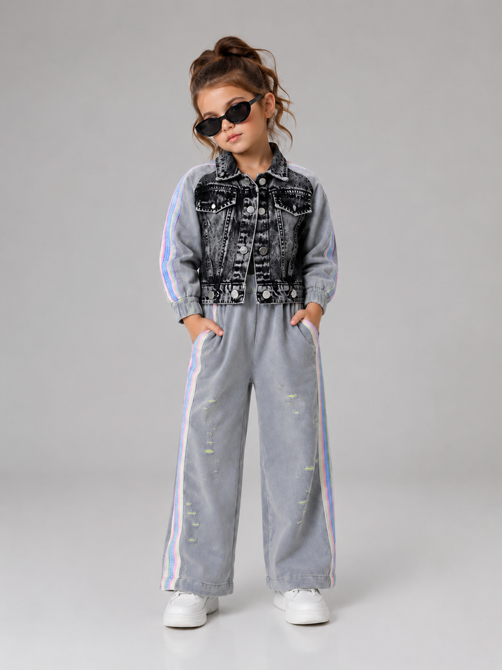 Girl's Grey Street Chic Denim Co-ord Set [GCS-6F-5173] (9M-13 Years)