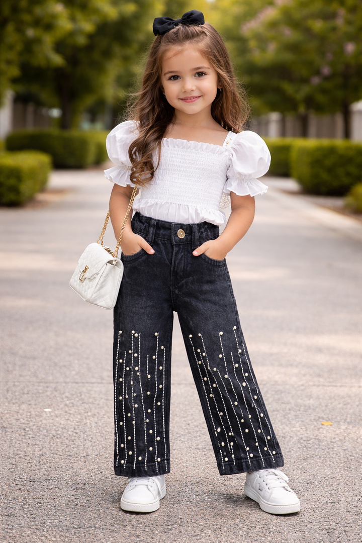 Girls Embellished Straight Fit Black Denim Jeans (Only Jeans) [GJ-1070] (1-12Years)