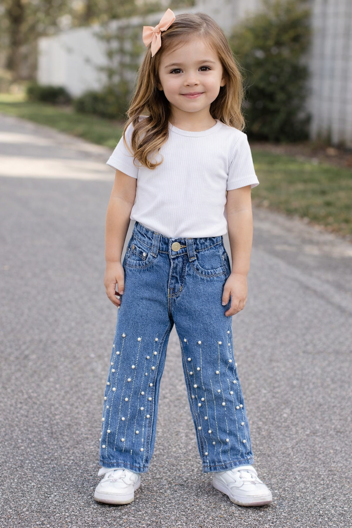 Girls Embellished Straight Fit Blue Denim Jeans (Only Jeans) [GJ-1071] (1-12Years)