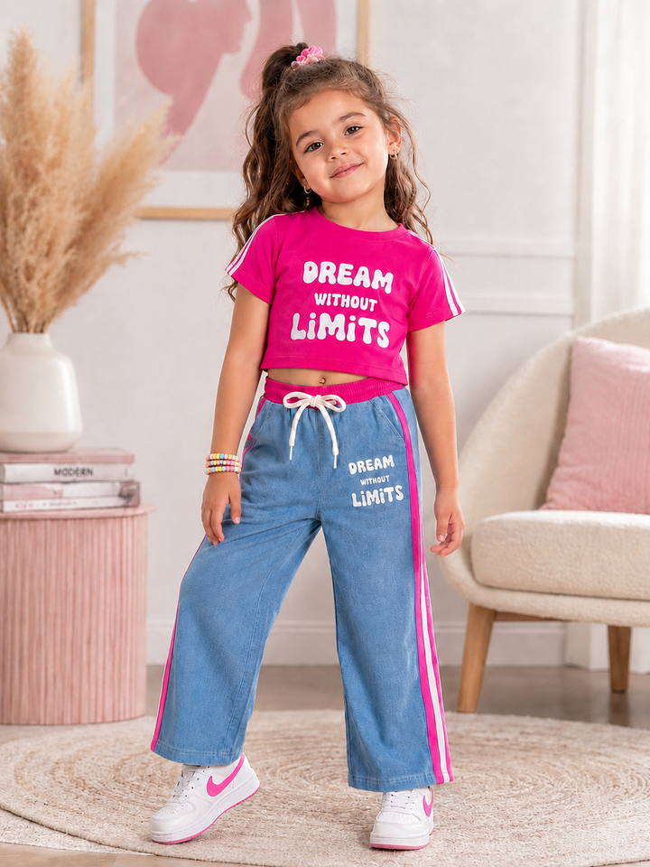 Girl's Causal Hot Pink Co-Ord Set With Soft Denim Bottom [GCS-4H-5053](3-15 Years)