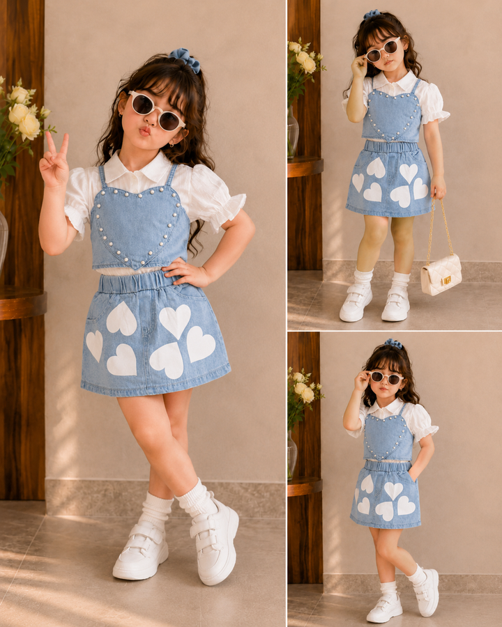 Girl's 3 IN 1  Pearl Love Denim Co-Ord [GCS-1E-4783] (4-12 Years)