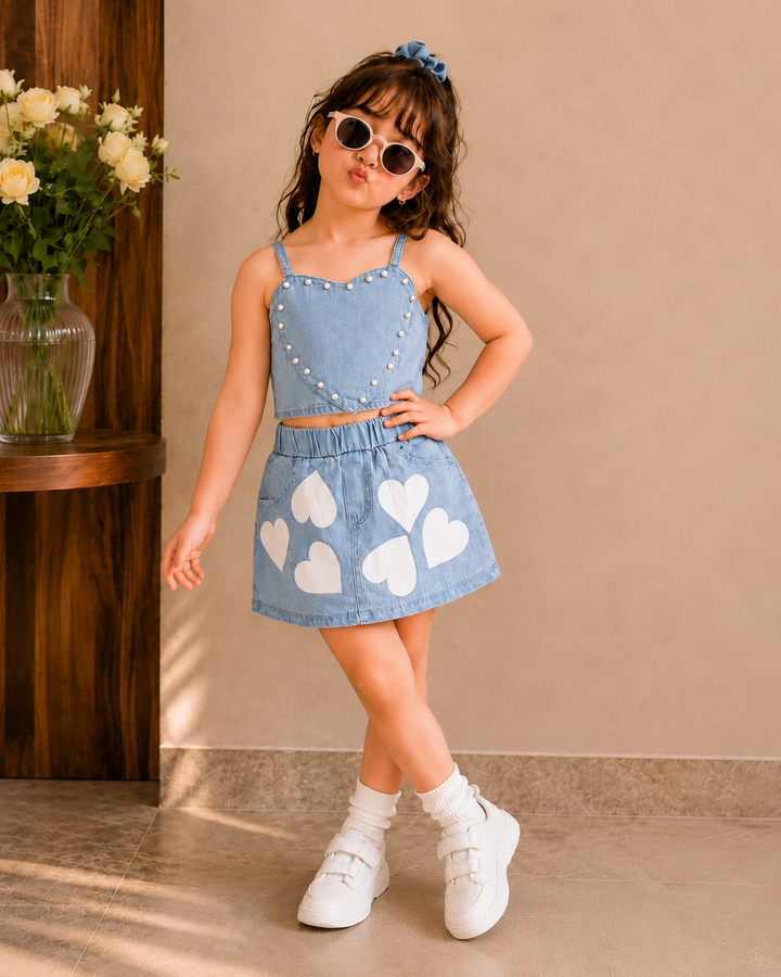 Girl's 3 IN 1  Pearl Love Denim Co-Ord [GCS-1E-4783] (4-12 Years)
