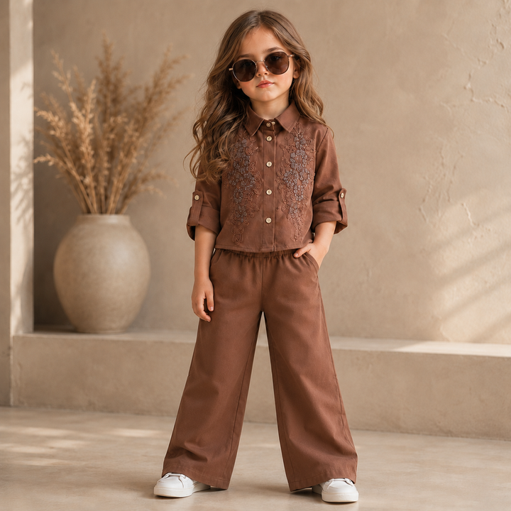 Girls Brown Embroidered Co-Ord Set [GCS-4H-8487] (4-12 Years)