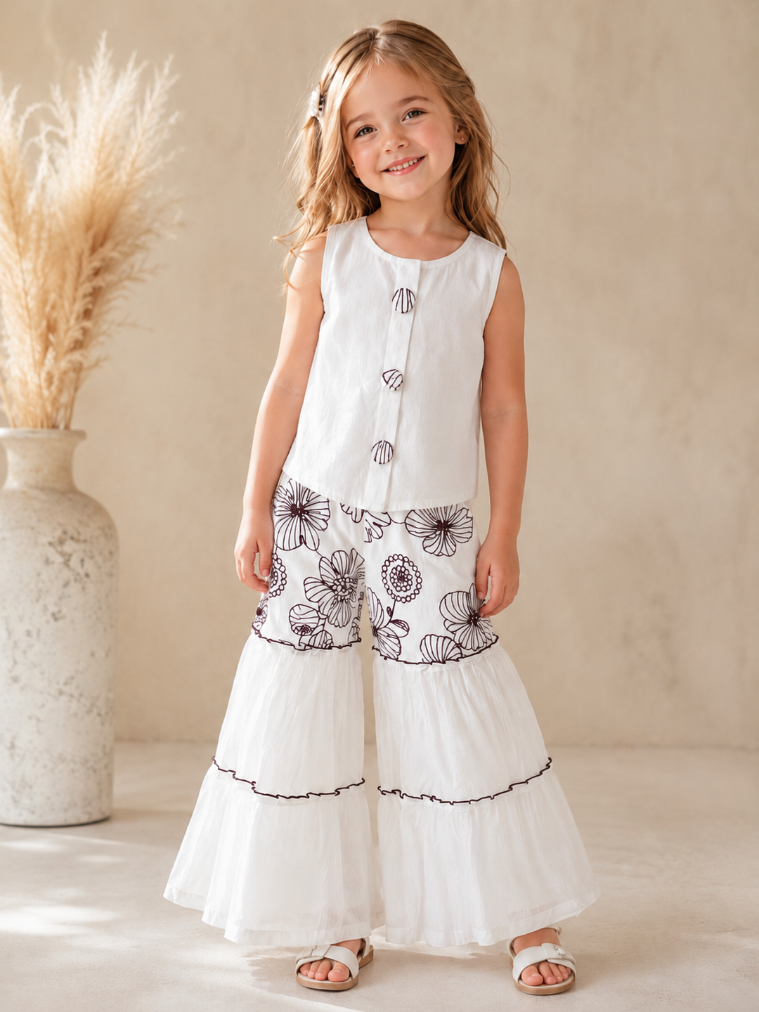 GIRLS EMBROIDED 3 PIECE WHITE CO-ORD SET [GD-4159] (4-12 Years)