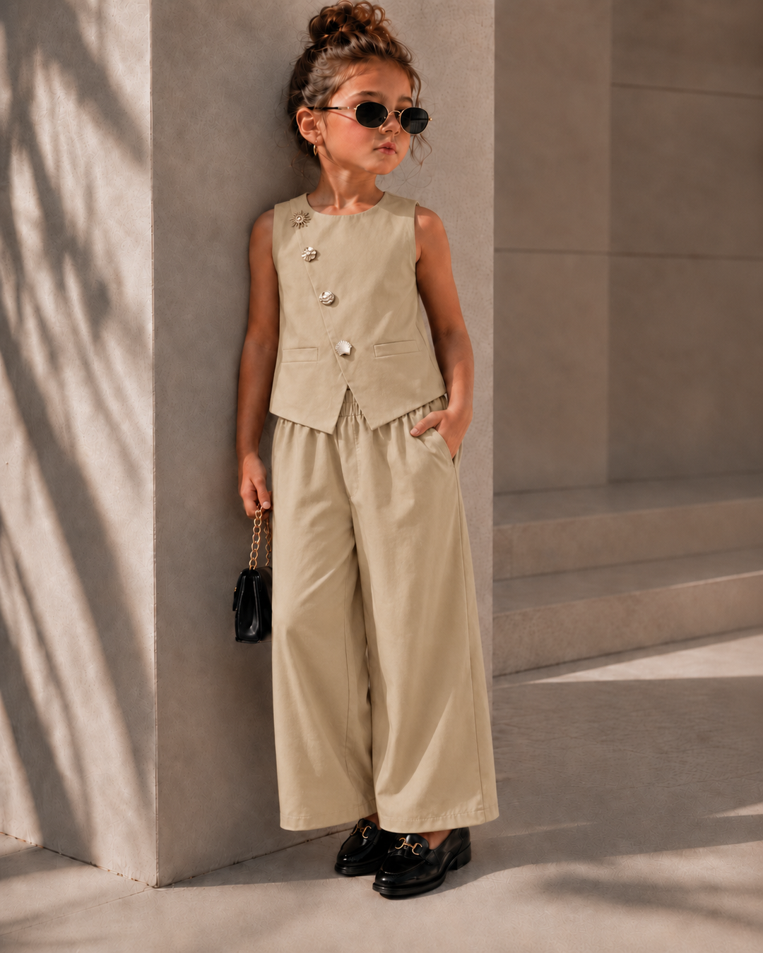Girls Imported Fawn Waist Coat Co-Ord Set [GCS-8944] (4-12Years)