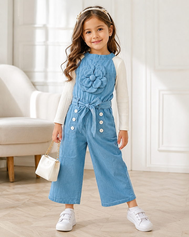 Girls Soft Cotton Denim Flower Ice Blue Jumpsuit With T-shirt [6B-6122] (2-10 Years)