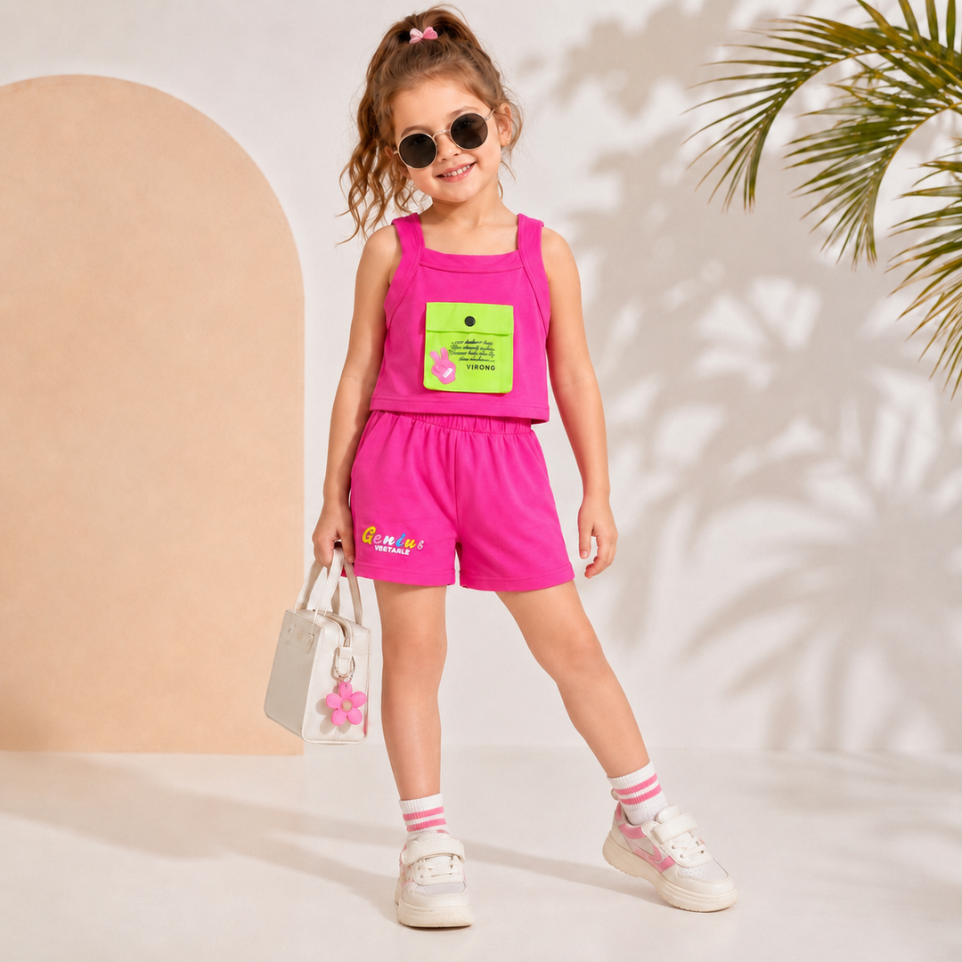 Girl's Hot Pink Funky Shorts Co-Ord Set [5J-5624] (3-11 Years)