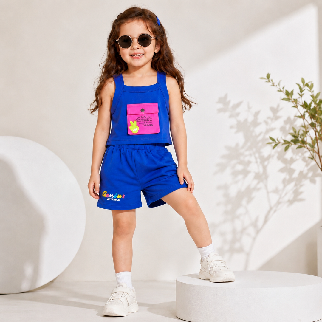 Girl's Royal Blue Funky Shorts Co-Ord Set [5J-3625] (3-11 Years)
