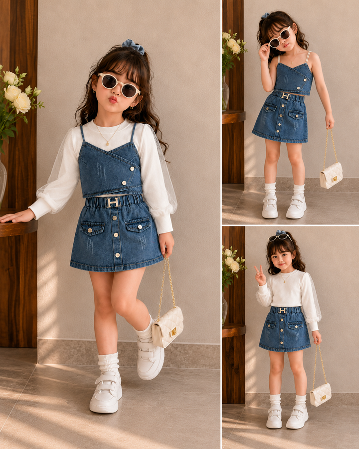 Girl's Denim 3 IN 1 Co-Ord Set Set [GCS-2592] (4-12Years)