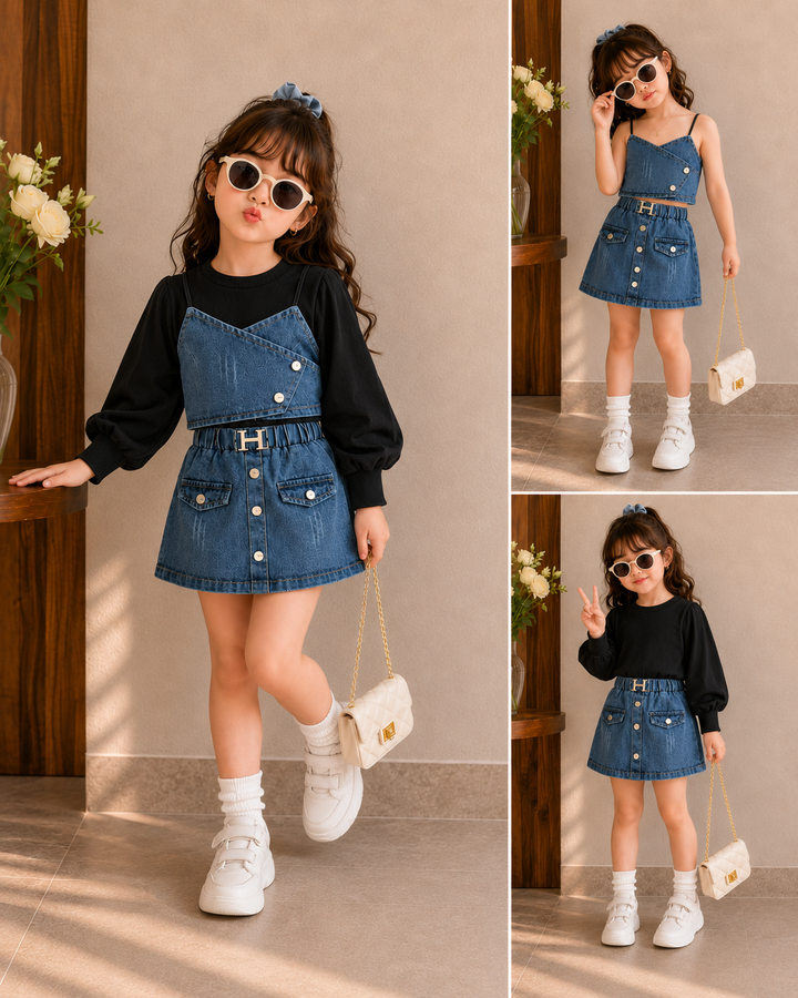 Girl's Denim 3 IN 1 Co-Ord Set Set [GCS-2591] (4-12Years)
