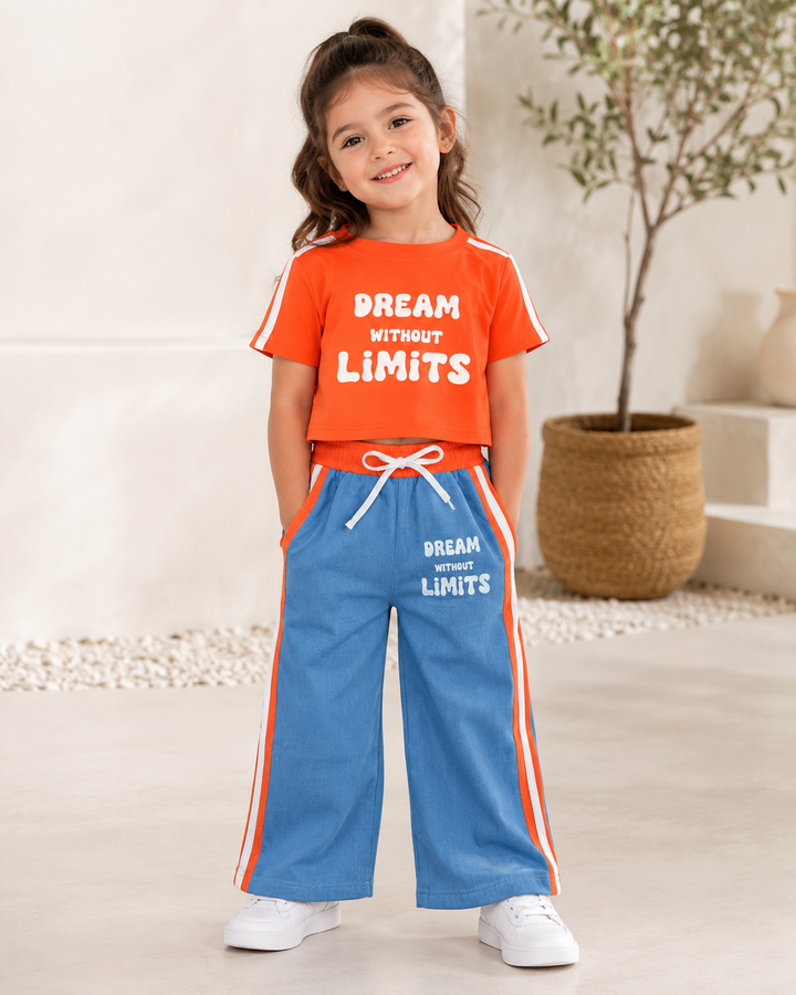 Girl's Causal Orange Co-Ord Set With Soft Denim Bottom [GCS-5051](3-12 Years)