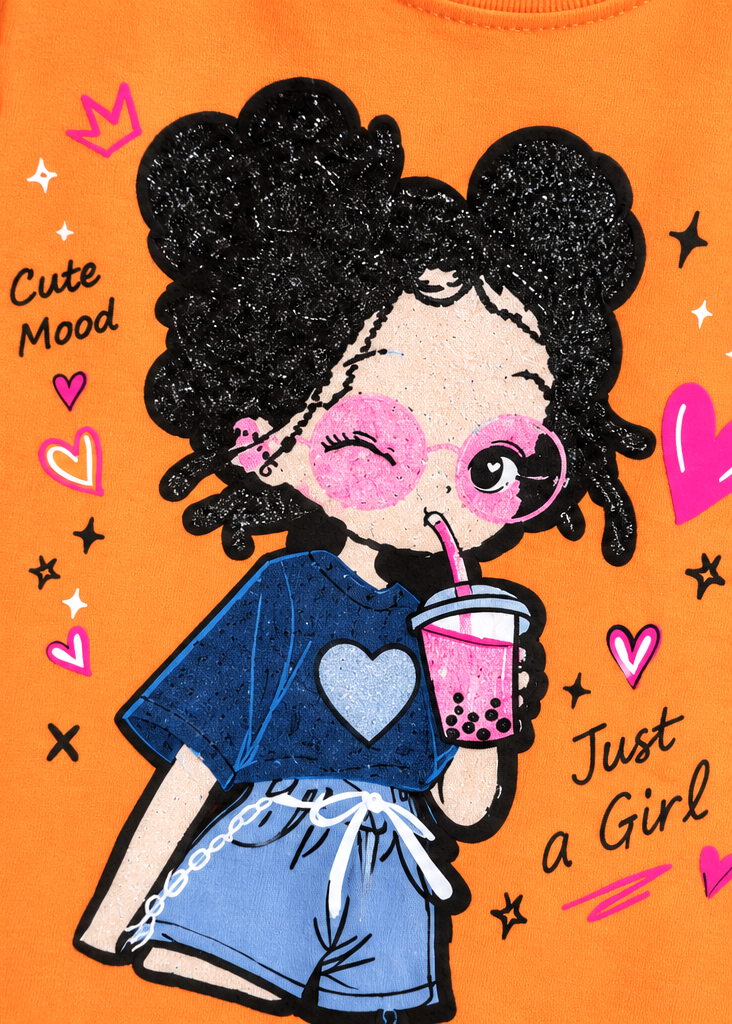 Girls Orange Cartoon Patch T-Shirt [GT-1B-6201] [6-15 year]