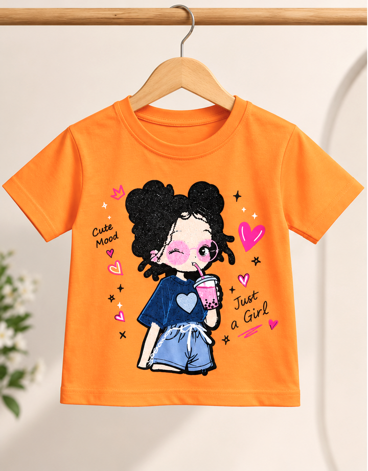 Girls Orange Cartoon Patch T-Shirt [GT-1B-6201] [6-15 year]