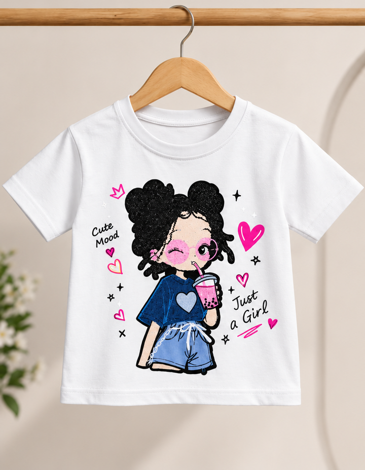 Girls White Cartoon Patch T-Shirt [GT-3B-2039] [6-15 year]