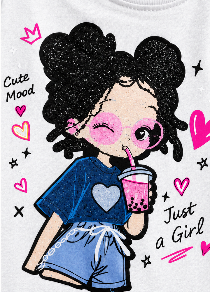 Girls White Cartoon Patch T-Shirt [GT-3B-2039] [6-15 year]