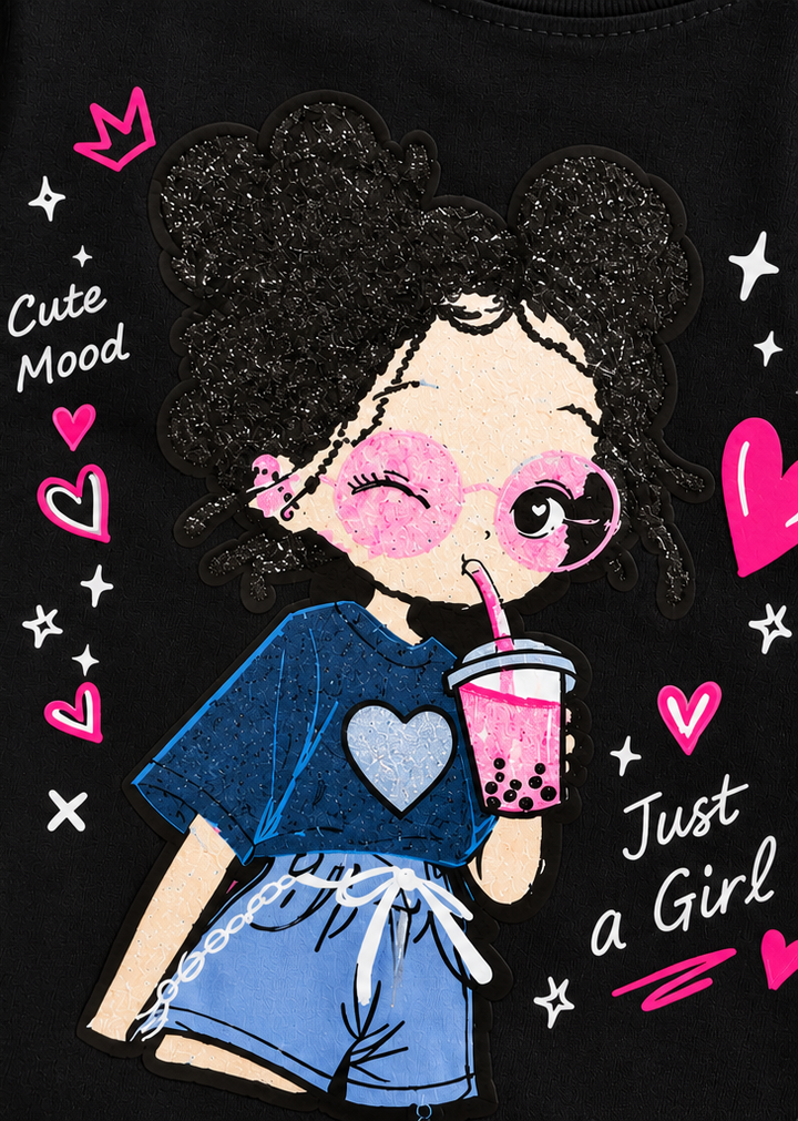 Girls Black Cartoon Patch T-Shirt [GT-1B-0283] [6-15 year]