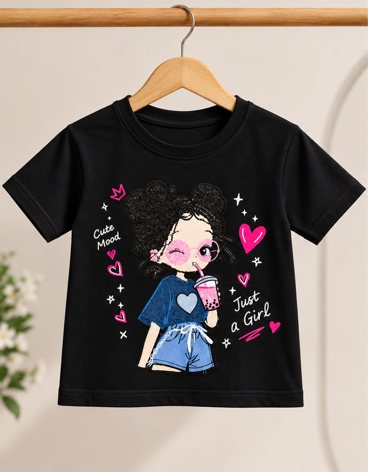 Girls Black Cartoon Patch T-Shirt [GT-1B-0283] [6-15 year]