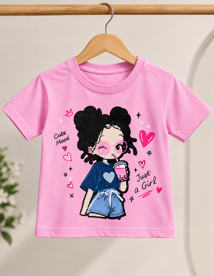 Girls Pink Cartoon Patch T-Shirt [GT-2B-1186] [6-15 year]