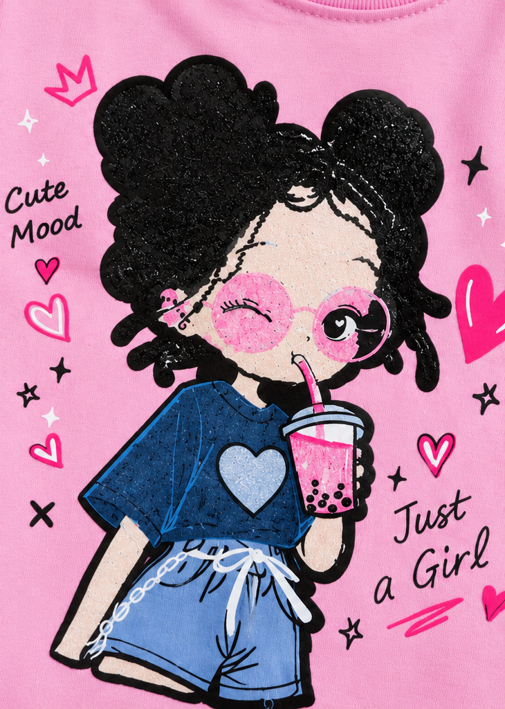 Girls Pink Cartoon Patch T-Shirt [GT-2B-1186] [6-15 year]
