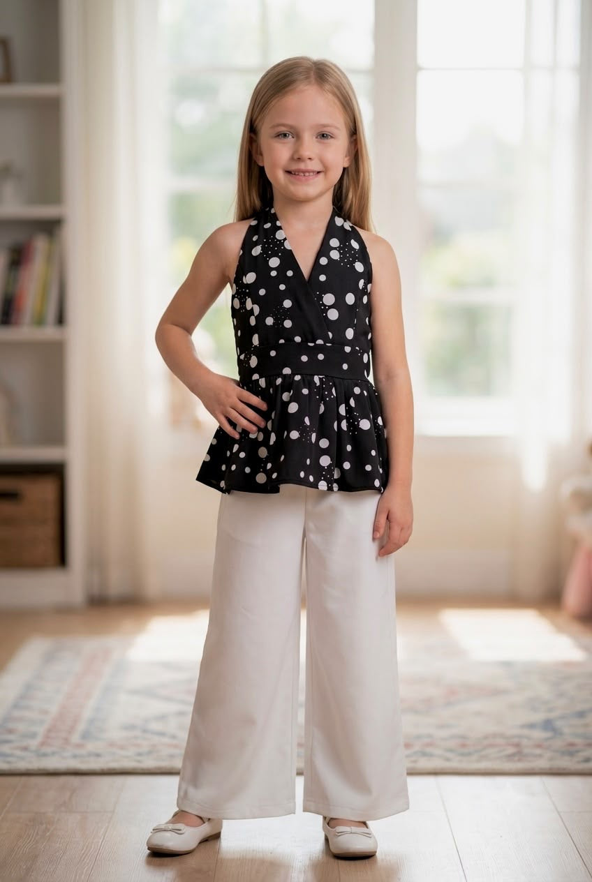 Girls Black Polka Dot Halter Neck Co-Ord Set [GCS-3H-4112] (4-12 Years)