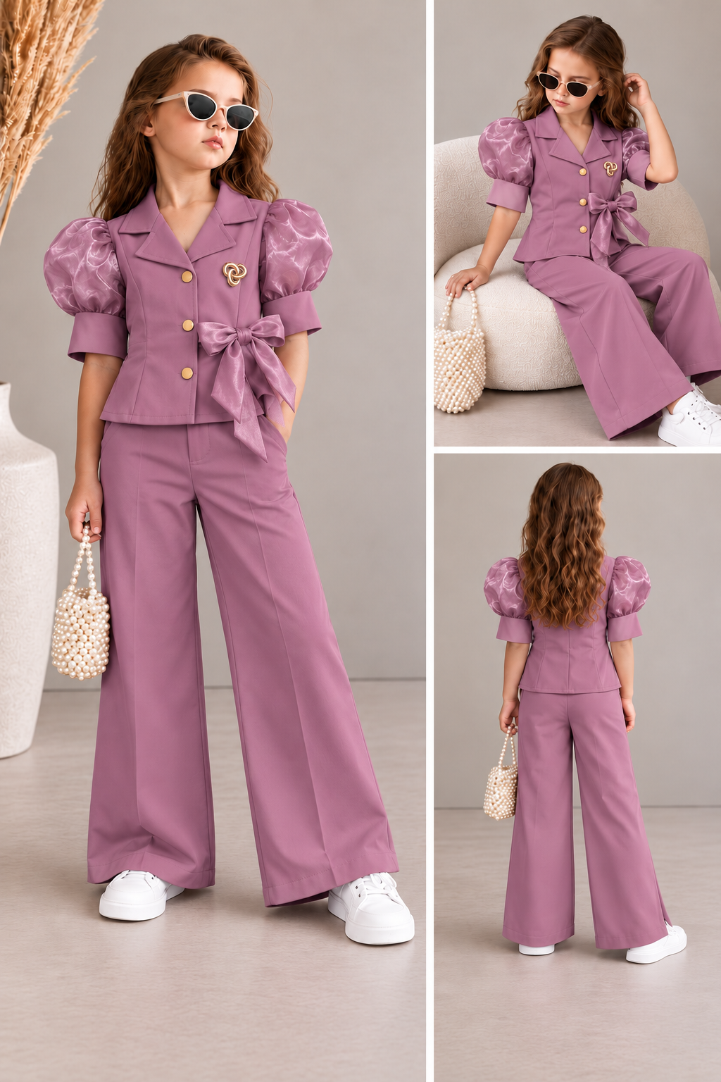 Girls Purple Luxe Puff Sleeves Co-Ord Set [GCS-3C-0479] (4-12 Years)