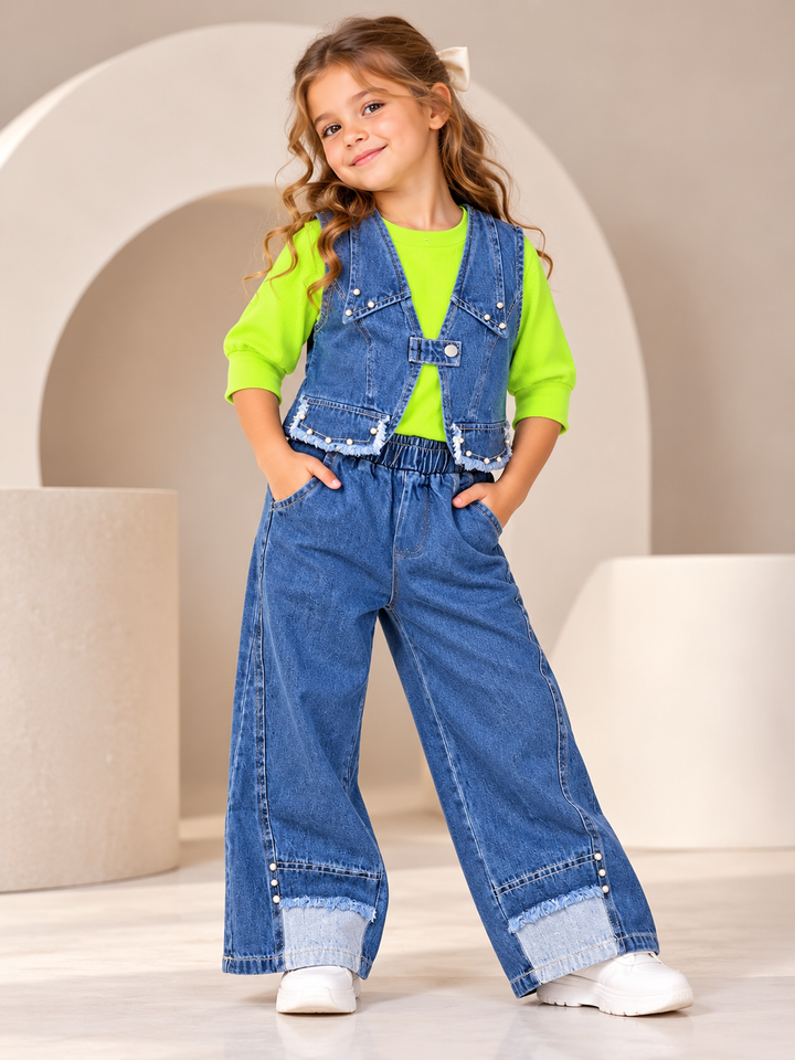 Girls Designer 3 Piece Neon Green Denim Co-Ord Set [GCS-6B-7009] (4-12Years)