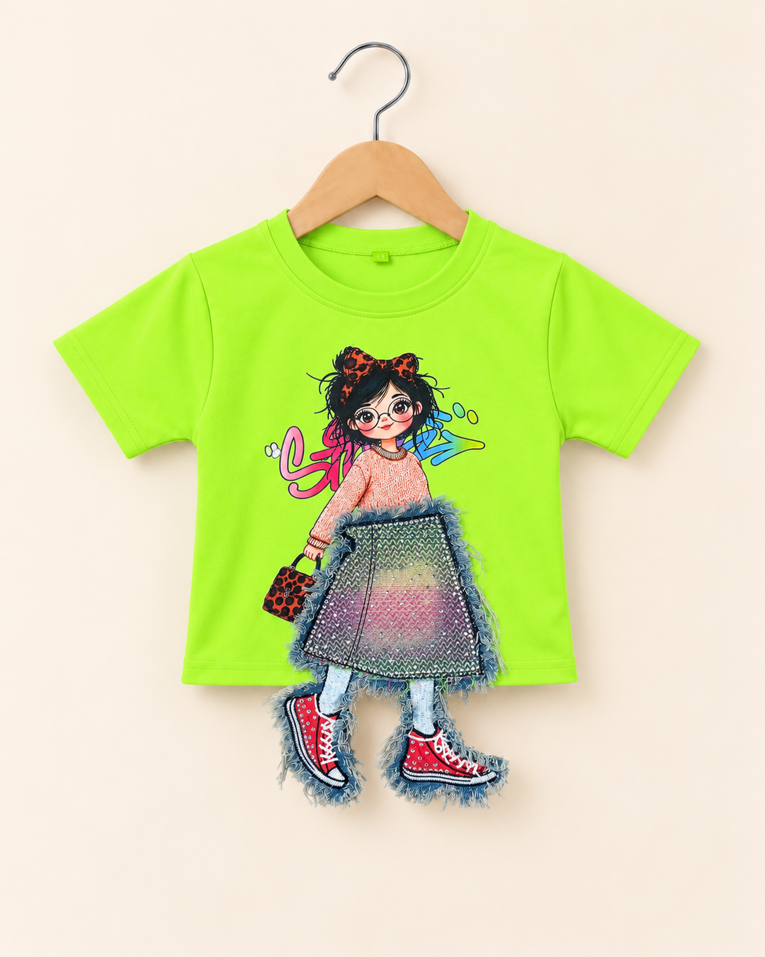 Girls Neon Green 3D Denim Patch T-Shirt [GT-R-3978] [4-12 year]