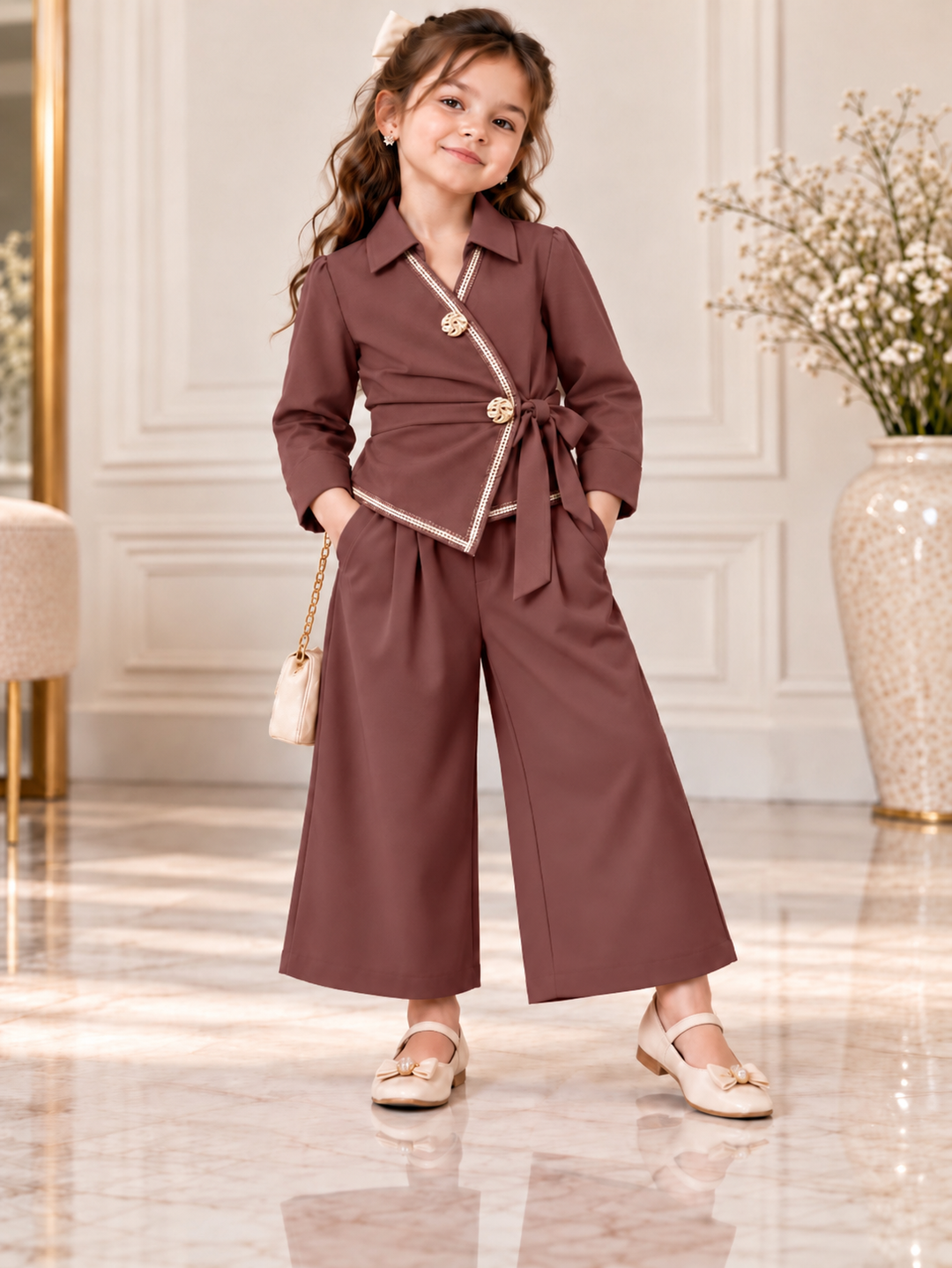Girls Brown Royale Wrap Co-Ord Set [GCS-5C-2037] (4-12 Years)