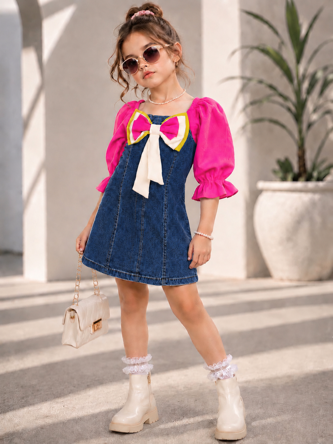 Girls Denim Hot Pink Bow Dress [GD-5J-5660] (4-12 Years)
