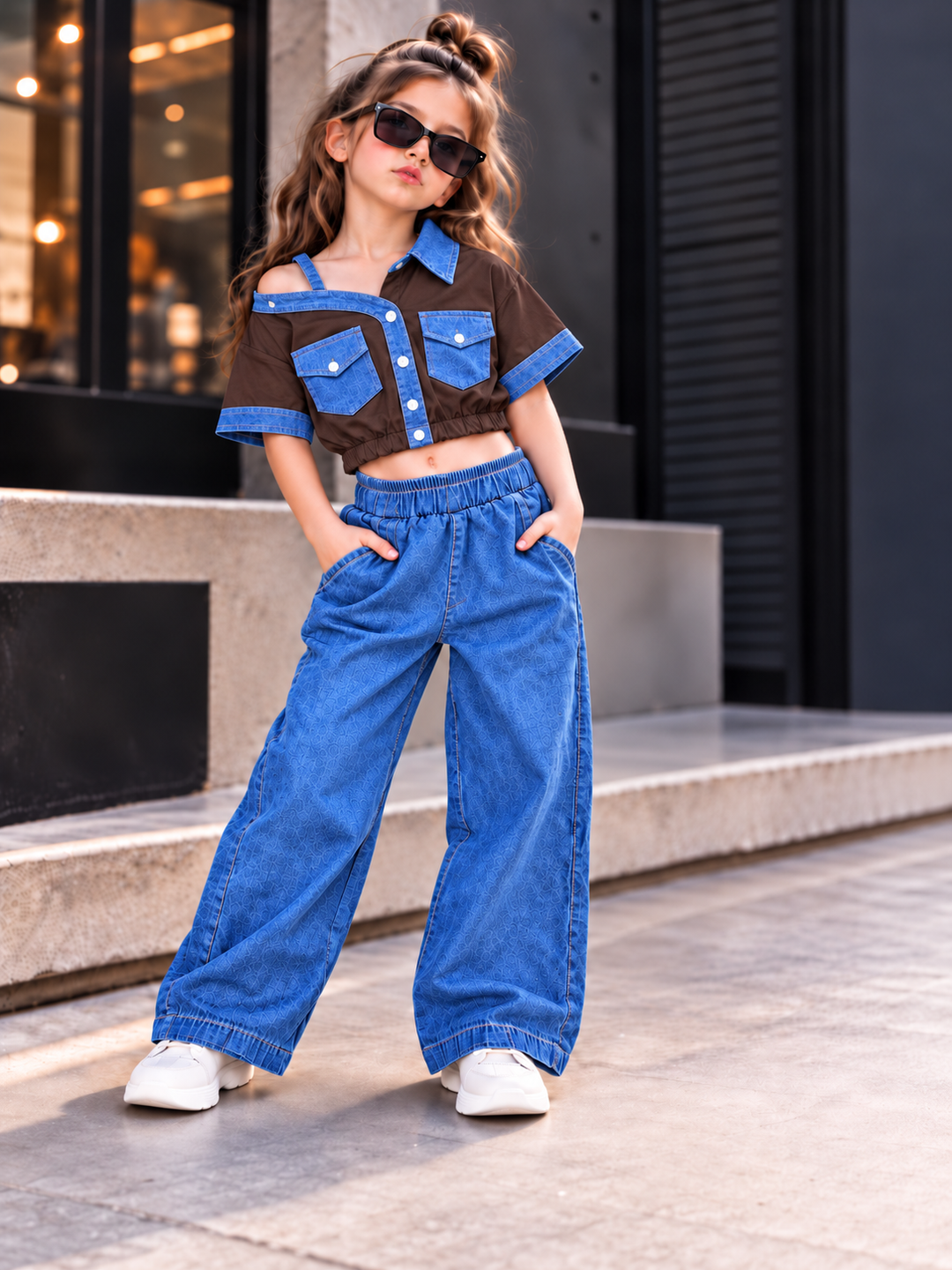 Girls Brown Down Shoulder Denim Co-Ord Set [GCS-4B-1466] (4-12 Years)