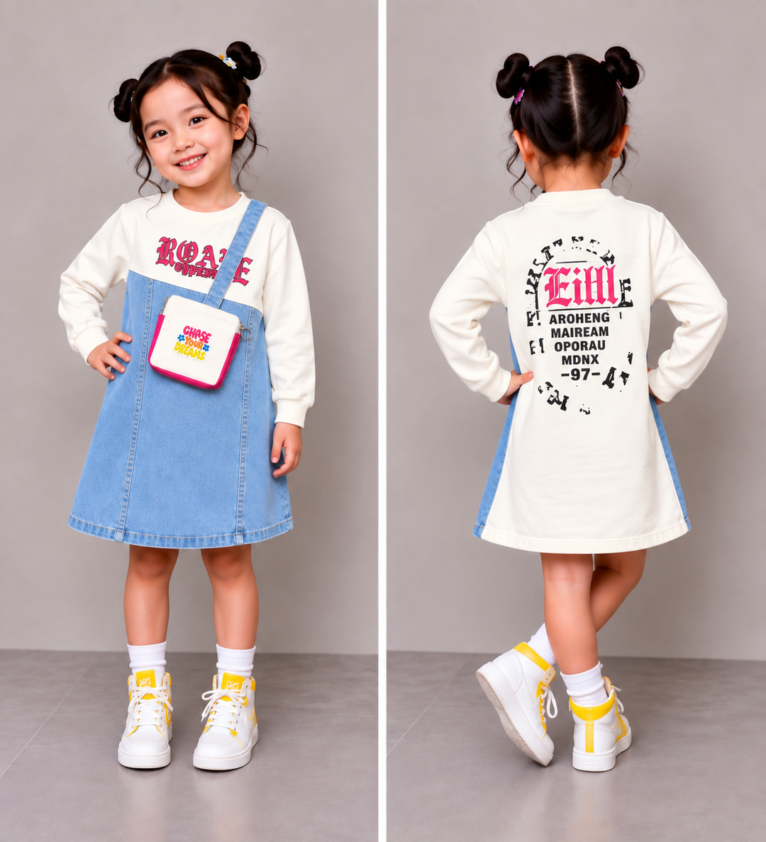 Girls White Denim Dress With Back Print [GD-3B-3851] (3-11 Years)