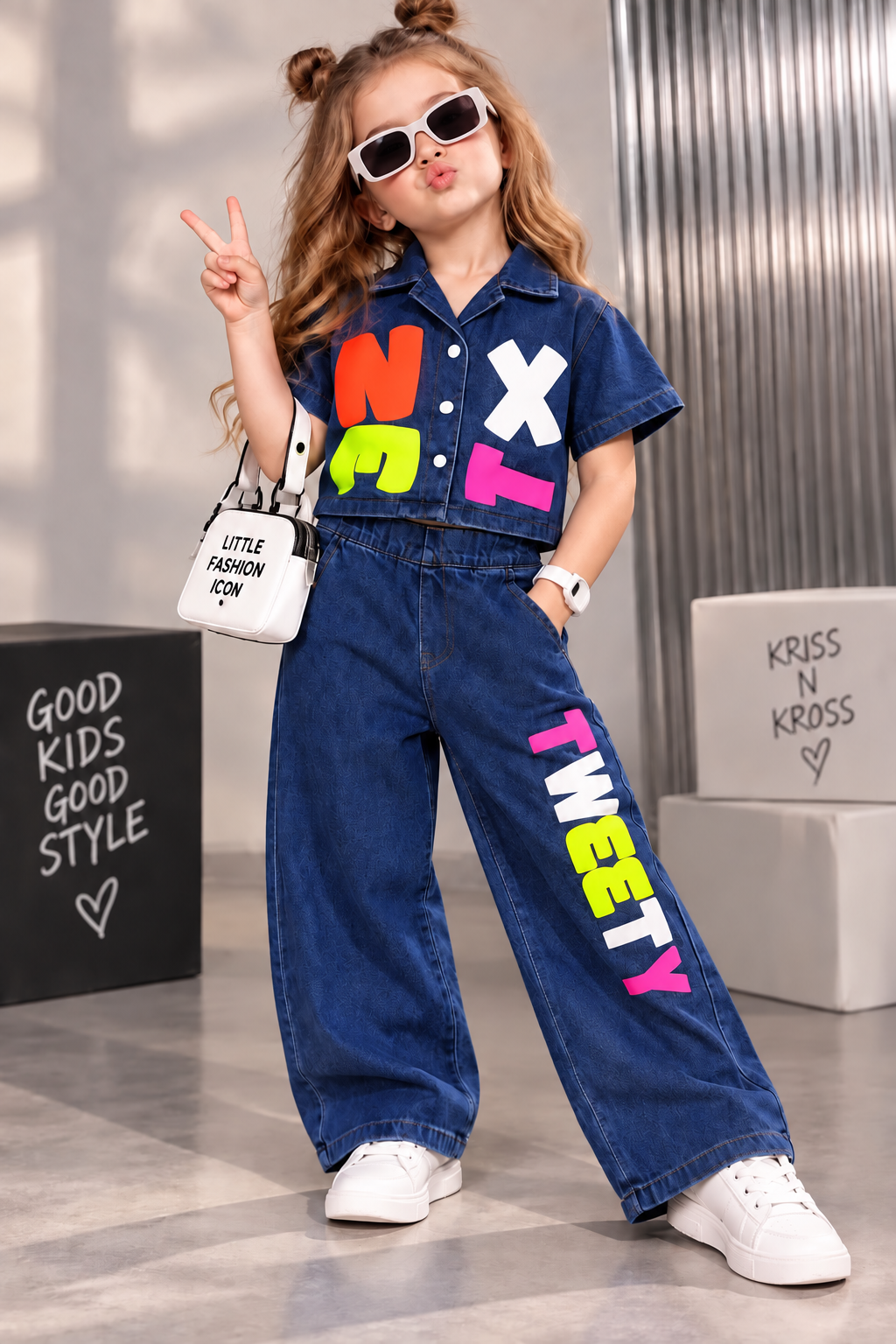 Girls Neon Pop Dark Blue Denim Co-Ord Set [GCS-2E-5556] (4-12Years)