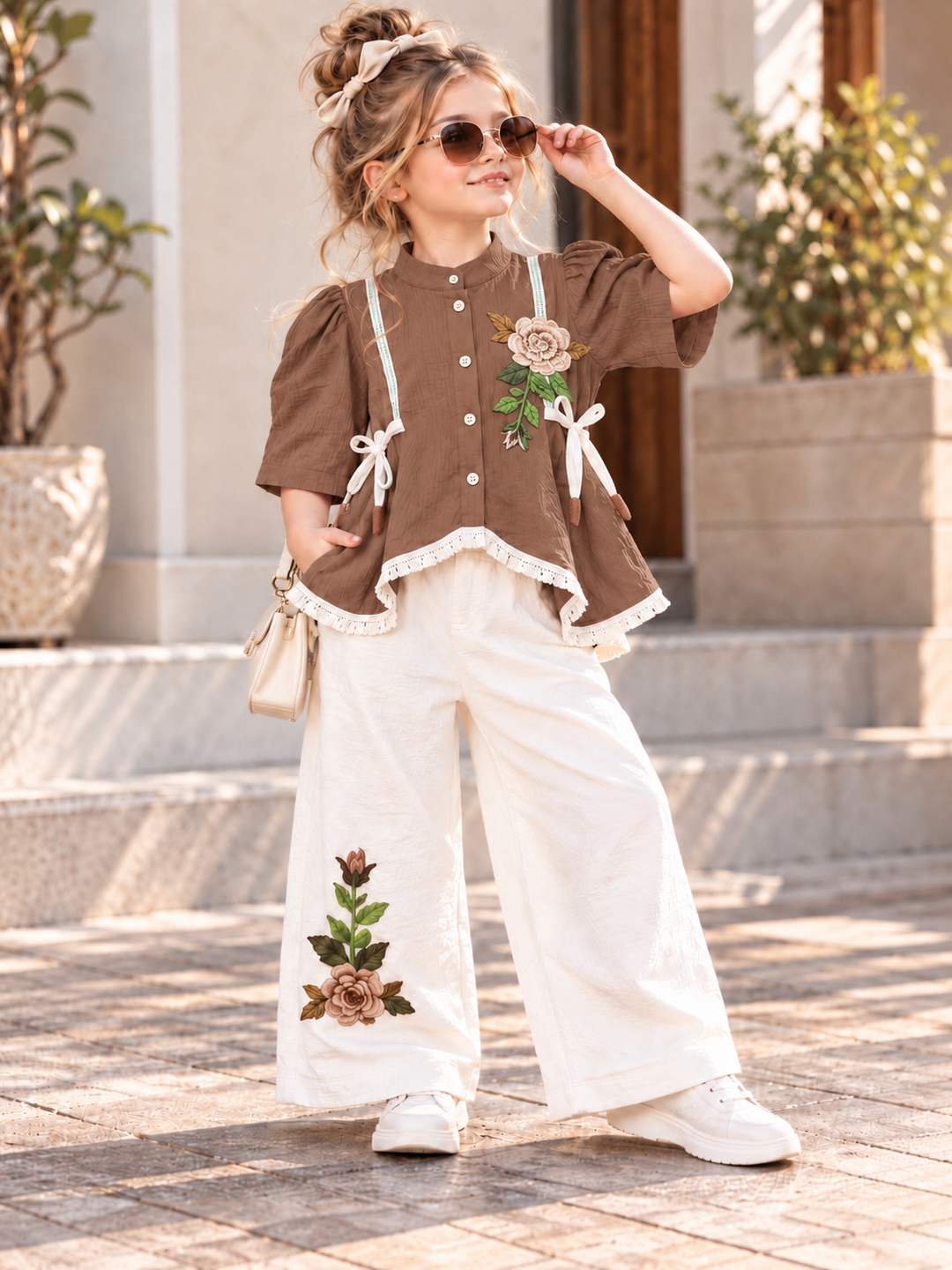 Girls Brown Floral Meadow Co-Ord Set [GCS-2A-4009] (4-12Years)