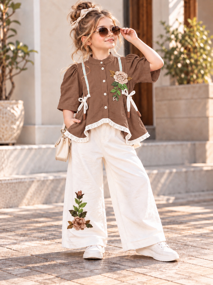 Girls Brown Floral Meadow Co-Ord Set [GCS-2A-4009] (4-12Years)