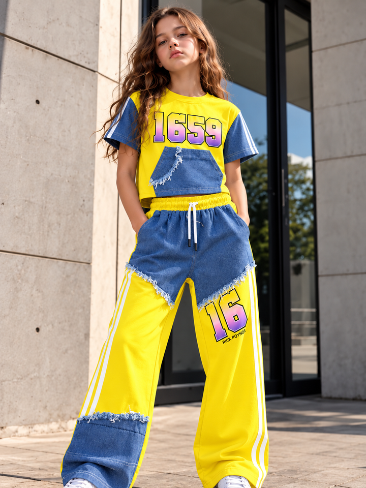 Girls Denim Drip Yellow Streetwear Co-Ord Set [GCS-L-0997] (4-12Years)