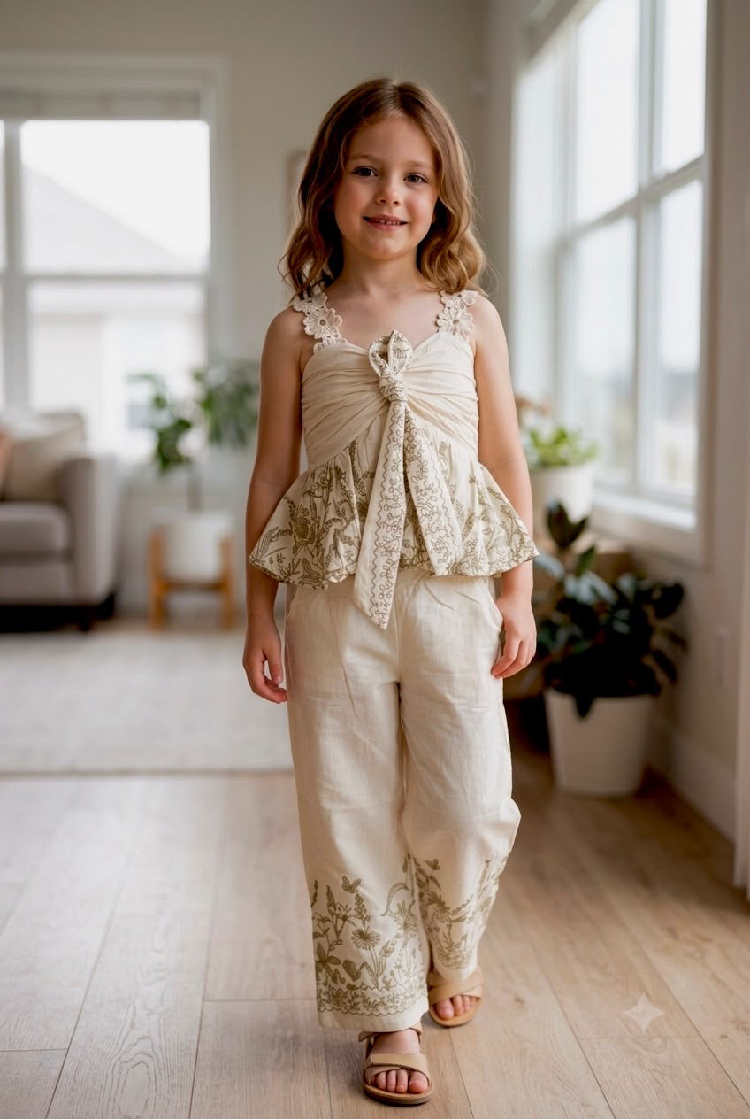 Girls Cream Bloom Lace Strap Printed Co-Ord Set [GCS-5J-4669] (4-12 Years)
