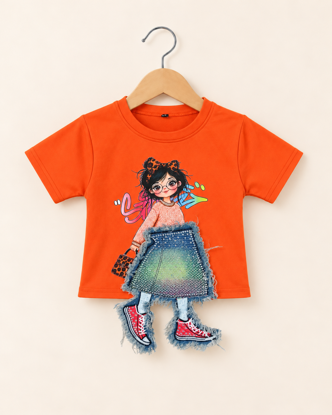 Girls Orange 3D Denim Patch T-Shirt [GT-R-2641] [4-12 year]