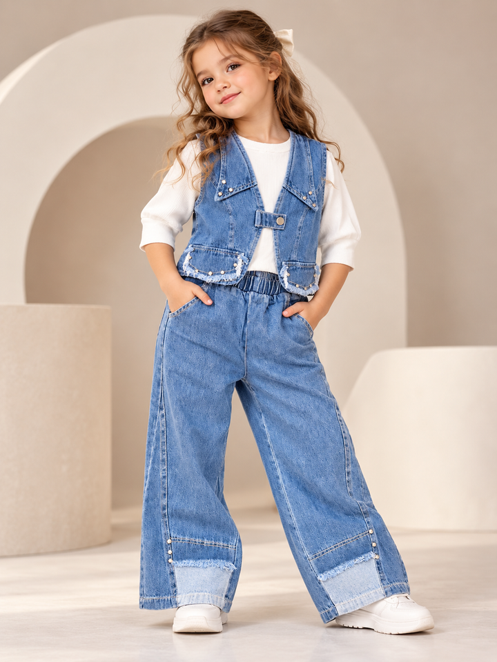 Girls Designer 3 Piece White Denim Co-Ord Set [GCS-2A-4113] (4-12Years)